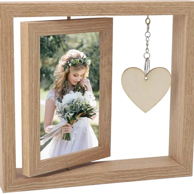 carmdering Fotolijst - Houten Fotolijst - Dubbelzijdige Fotolijst - Lichtbruin, 10×15 cm, 360° draaibaar - Met hartvormig label om zelf te schrijven - Voor bureau, slaapkamer en woonkamer - Cadeau voor moeder - Stofdicht en vochtwerend
