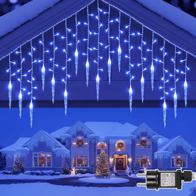 Rosnek 16 IJspegels Lichtgordijn Buiten - IP44 Laagspanning 96LEDs IJs Hanglamp - 8 Standen Lichtsnoer Camping, Timer, Koppelbaar Lichtsnoer Buiten en Binnen voor Slaapkamer, Camping - Blauw licht