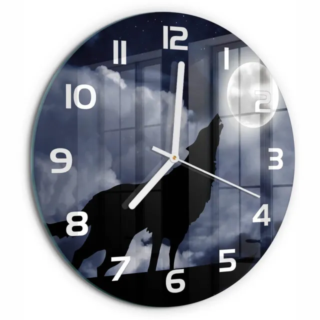 TULUP Wandklok - Huilende Wolf Volle Maan Moderne Wandklok Glas - fi30 cm - Zwart Wandklok Glas Decoratie - Witte handen - Ronde Klok - Glazen Wandklok Design - Klok Glas Met Opdruk