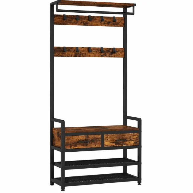 Sellino Kapstok - Met schoenenbank - Kapstokrek - Kledingkapstok - 80,4 × 30 × 181,6 cm - Draagvermogen 100 Kg - Bruin/Zwart Bruin/ Zwart