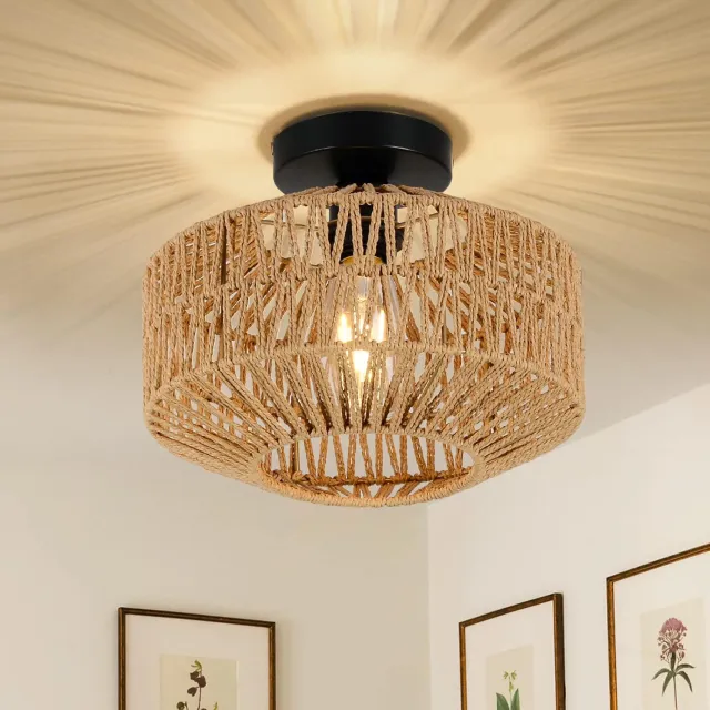 NCRealher 40W Rotan Boho Plafondlamp - Boheemse Geweven Plafondlamp - Kroonluchter Voor Hal Slaapkamer Keuken Khaki