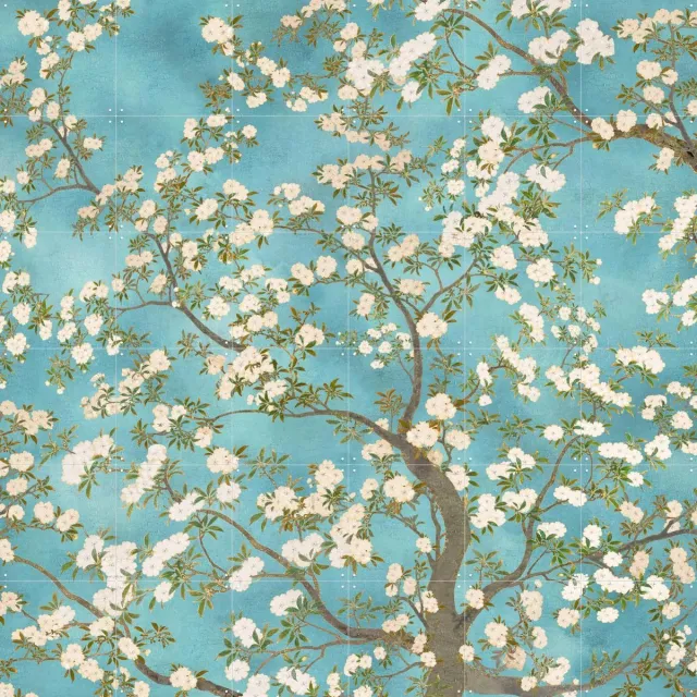 IXXI Chinoiserie Floral Blossom Garden, Bloomery Decor - 120 x 120 cm - Grote wanddecoratie en posters - Klassiek, Art Nouveau, Decoratieve kunsten Blauw