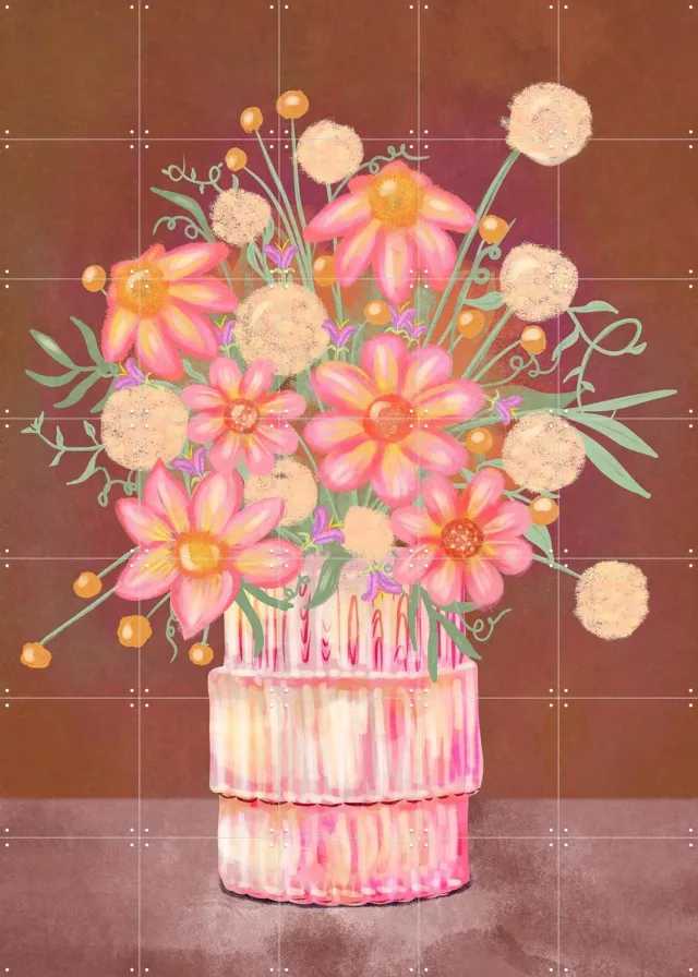IXXI Vintage Flower Bouquet, Raissa Oltmanns - 100 x 140 cm - Grote wanddecoratie en posters - Kleurrijk, Speels, Illustraties, Eetkamer, Gang Roze / Bruin