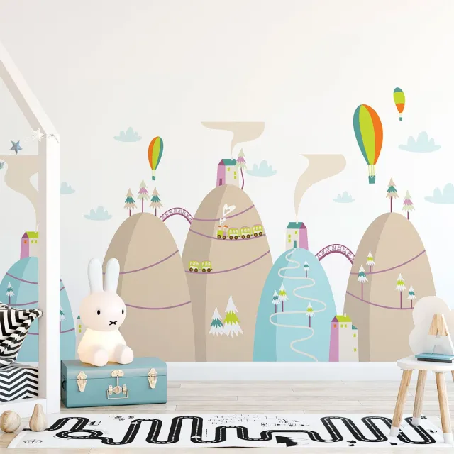 Ambiance Sticker Scandinavische bergstickers met hoogvliegende heteluchtballonnen, 120 x 180 cm Multi color