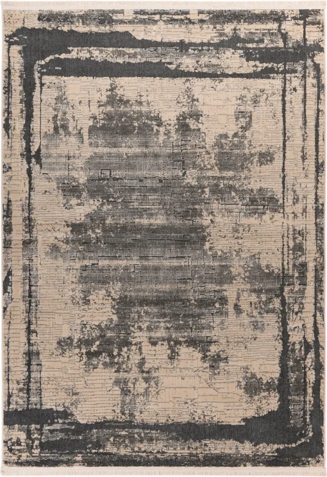 Padiro design laagpolig vloerkleed 80 x 150 cm - donkerbeige - modern abstract ontwerp - met franjes - voor vloerverwarming - van polypropyleen en katoen