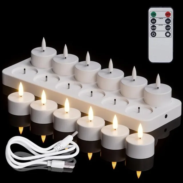 Mrilary Oplaadbare Theelichtjes Met Afstandsbediening En Timer, 12 Stuks Op Batterijen Werkende 3D-lont Flikkerende Vlamloze Kaarsen Met Oplaadstation Voor Halloween-kerstdecoratie (4 X 4,7 Cm) Wit