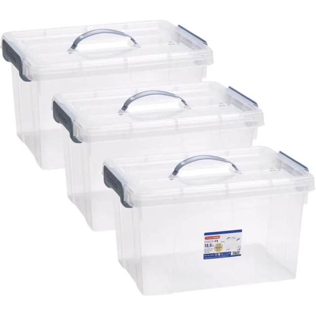 PLASTICFORTE Opslagbox AZUL serie - 3x - met deksel - transparant - 18.5 liter - 42 x 30 x 24 cm - kunststof - opbergdoos - opbergen