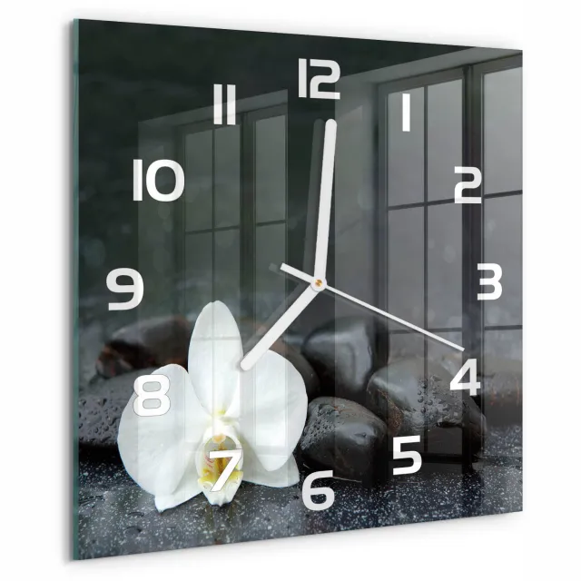 TULUP Wandklok - Orchidee Wandklok Glas Decoratie - 30x30 cm - Zwart Gekleurde Glazen Klok - Witte handen - Vierkante Klok - Klok Glas Met Opdruk - Moderne Wandklok Glas