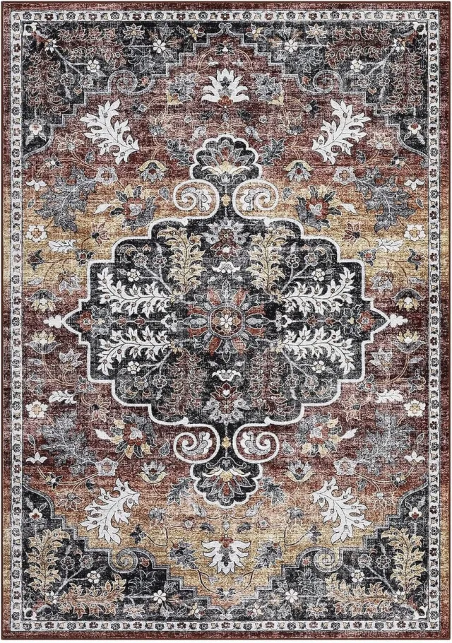 Triumpunpre Vloerkleed 120 x 170 cm, roodbruin, Perzische print, wasbaar, antislip, zacht polyester