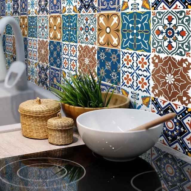 Ambiance Sticker Muurstickers - Zelfklevende tegelmuurstickers voor keuken en badkamer - 9 AXENA Azulejo tegelstickers - 9 stickers 15x15cm Multi color