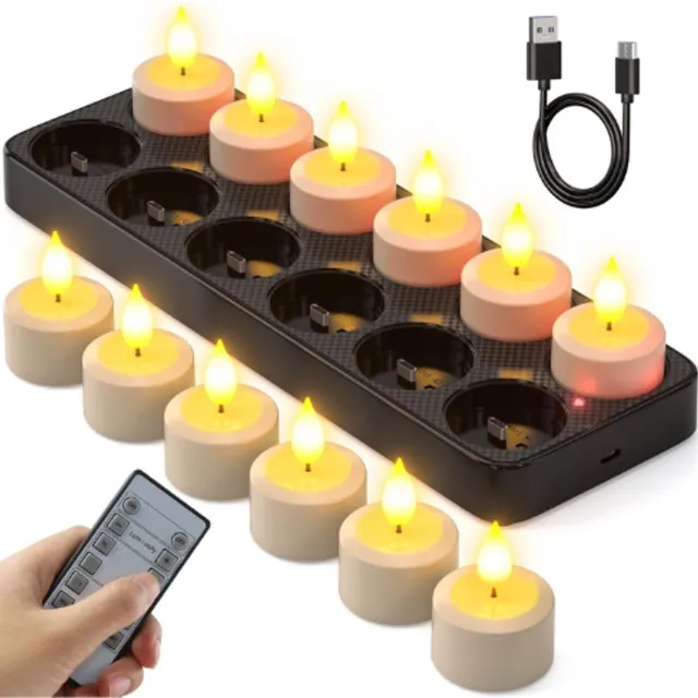 BOG Oplaadbare Theelichtjes Met Oplaadstation En Afstandsbediening - 12 Stuks LED Vlamloze Kaarsen Met Timer - Elektrische Theelichtjes Voor Huis Tafel Halloween En Kerst Decoratie WIT