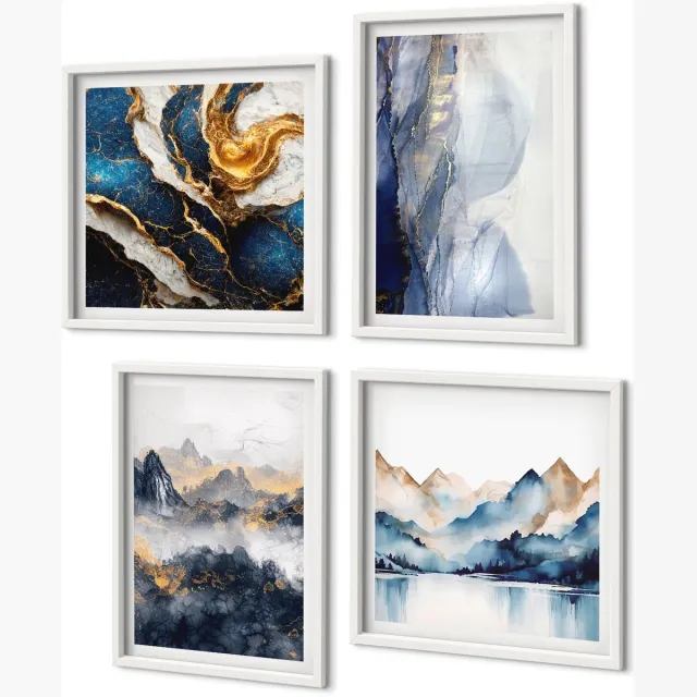 Coloray 4-Delige Schilderij Set - Berglandschappen Met Blauwe En Grijze Tinten - 40 x 40 En 40 x 60 - Wanddecoratie - Muurdecoratie - Moderne Interieurdecoratie Witte lijst