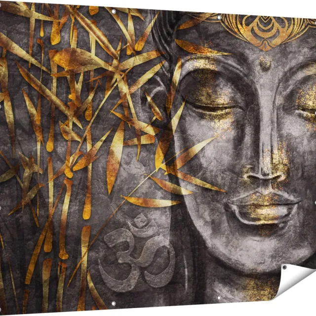 Gards Tuinposter Gouden Boeddha van Aquarel - Abstract - 150x120 cm - Tuindoek - Tuindecoratie - Wanddecoratie buiten - Tuinschilderij Multikleur