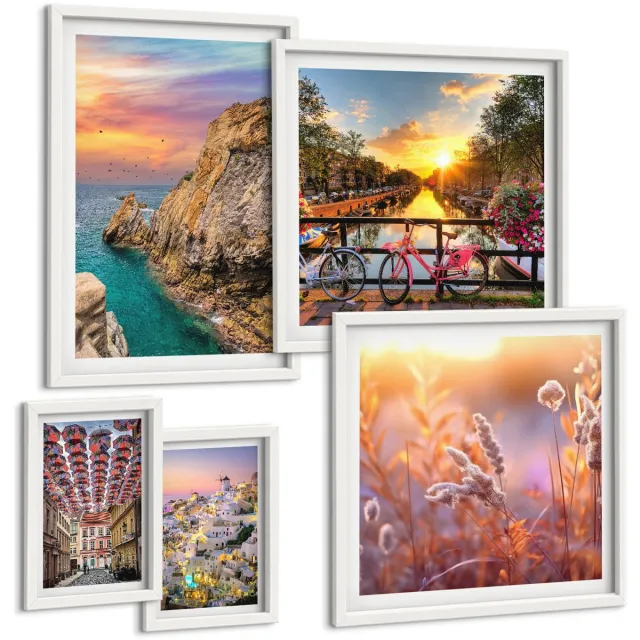 Coloray 5-Delige Schilderij Set - Kustlandschappen En Charmante Stadjes Van Europa - 50 x 50 cm, 20 x 30 cm En 40 x 60 cm - Decoratieve Schilderijen - Woonkamer - Interieur - Muurdecoratie Witte lijst