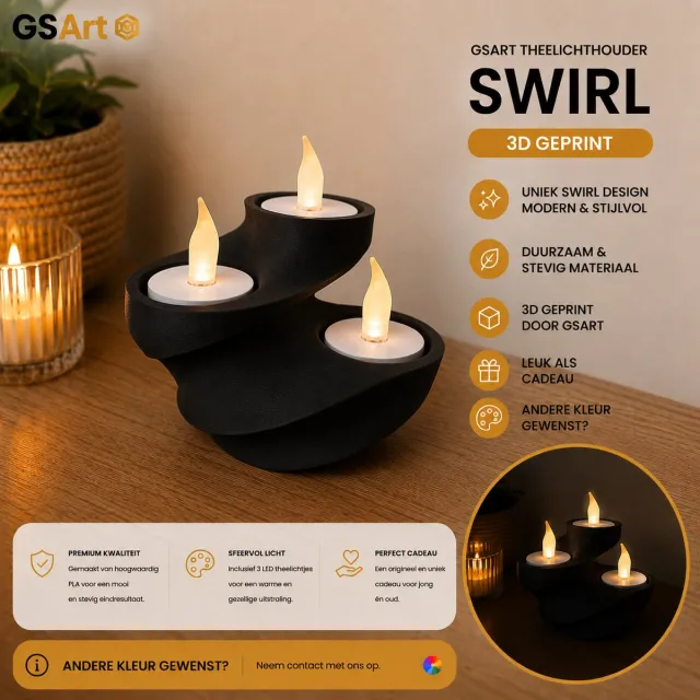 GSArt Theelichthouder Swirl – 3D Geprint – Inclusief 3 LED Theelichtjes - Mat Zwart