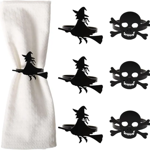 HisKes 12 Pcs Halloween servetringen - mix van zwarte heks‑ en schedelmotieven van duurzame legering - handgemaakte tafelaccessoire voor Halloween‑tafeldecoratie Zwart, paars en wit