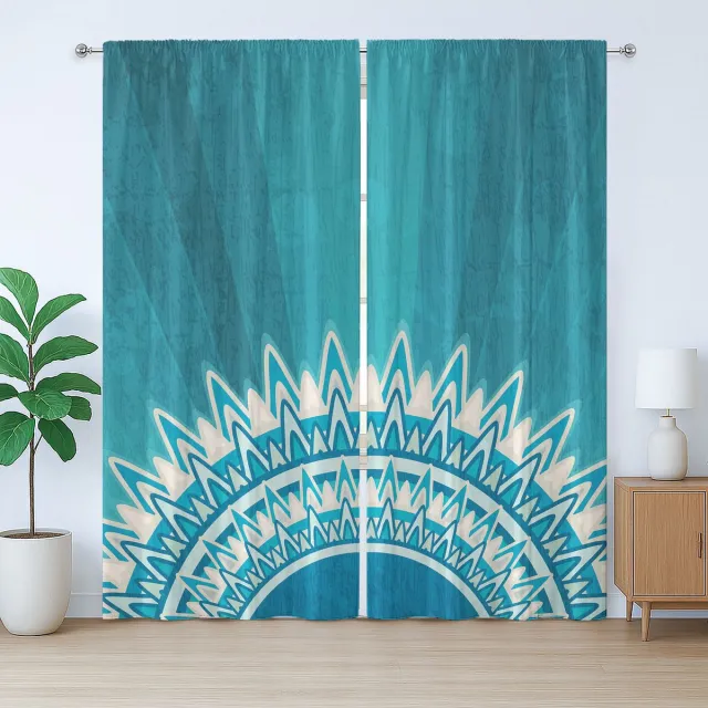 ABAKUHAUS Mandala Rustiek Gordijn, Oosterse Culturele Ornament, met Bandjes en Lussen voor de Woonkamer, 280 x 245 cm, Petrolblauw Grijs Wit