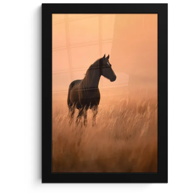 FrameYourWall Poster in lijst - Fotolijst 20x30 cm - Posters - Paard - Grasveld - Zonsondergang - Posterlijst zwart - Decoratie - Wanddecoratie woonkamer - Muurdecoratie slaapkamer