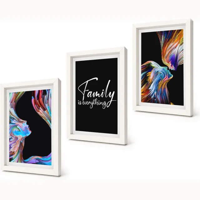 Coloray 3-Delige Schilderij Set - Portretten van mensen in kleurrijke patronen en een opschrift over familie. - 20x30 - Decoratieve Schilderijen - Woonkamer - Interieur - Muurdecoratie Witte lijst