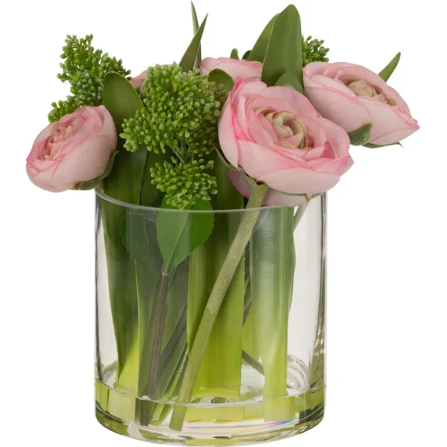J-Line bloem Ranonkel In Vaas - kunststof - glas - roze/groen - small