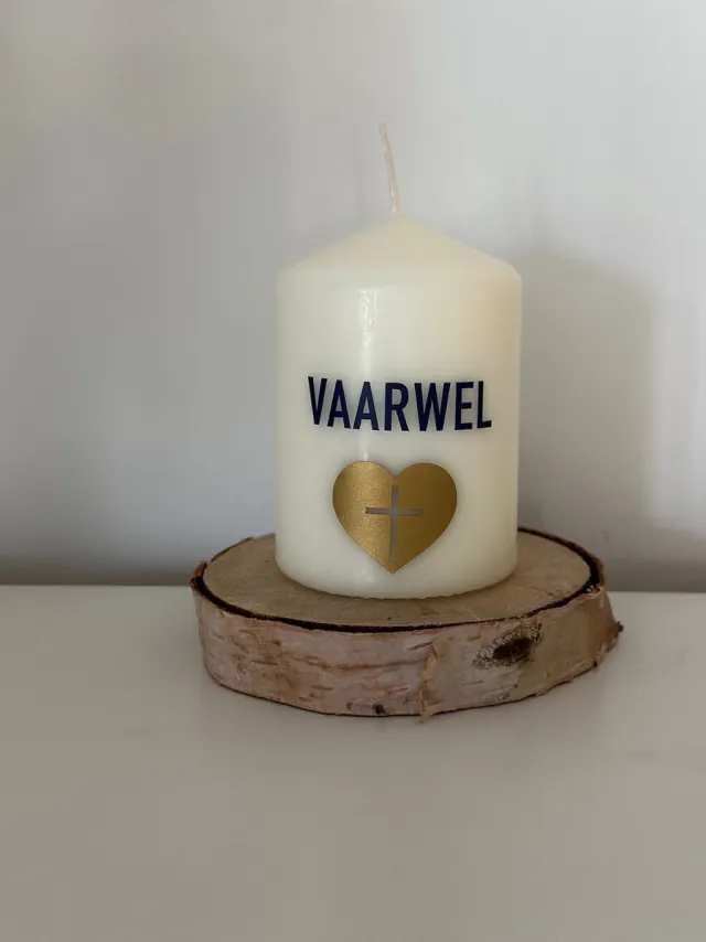 Afscheid & Troost Kaars - Troostkaars - Uitvaart - Afscheid - Herdenkingskaars AF-TK19-376 V Ivoor Opduk blauw met Goud Hart met kruis