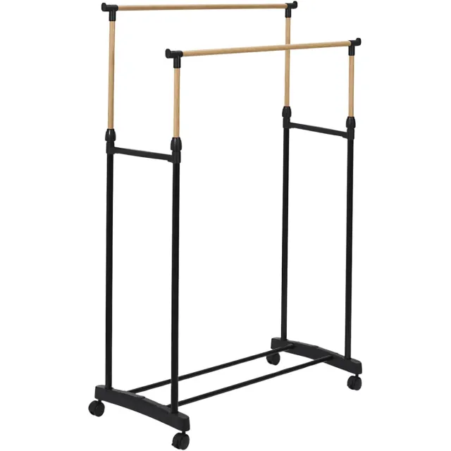 HOME DECO FACTORY Mobiel kledingrek - verstelbaar - op wielen - zwart - 160cm - dubbelrek - kledinghanger - opslag