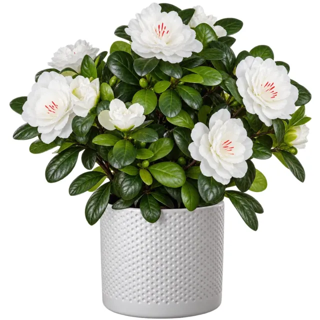 Mica Decorations Kunstplant - Azalea wit - H27 cm - in witte bloempot - keramiek - complete set van pot en plant - decoratie stuk