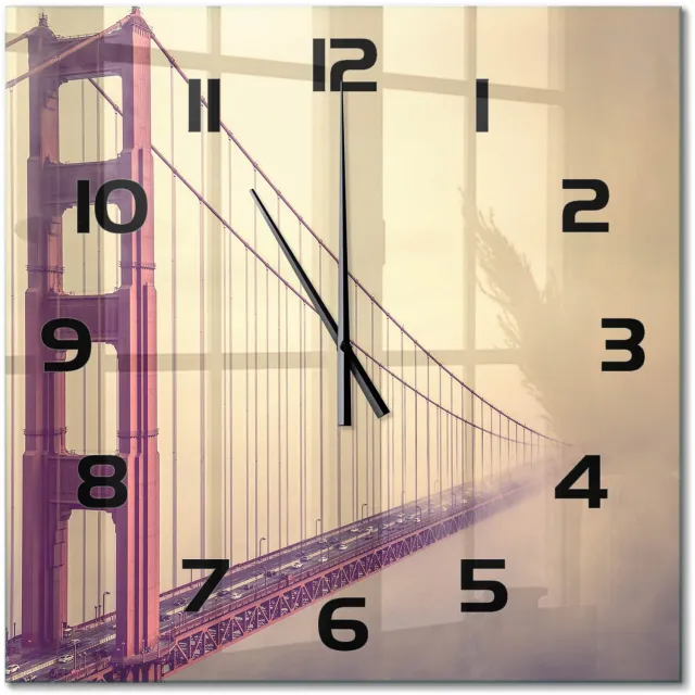 TULUP Wandklok - San Francisco-brug Wandklok Glas Met Motief - 60x60 cm - Rood Decoratieve Glazen Klok - Zwarte handen - Vierkante Klok - Gekleurde Glazen Klok - Glazen Klok Met Print