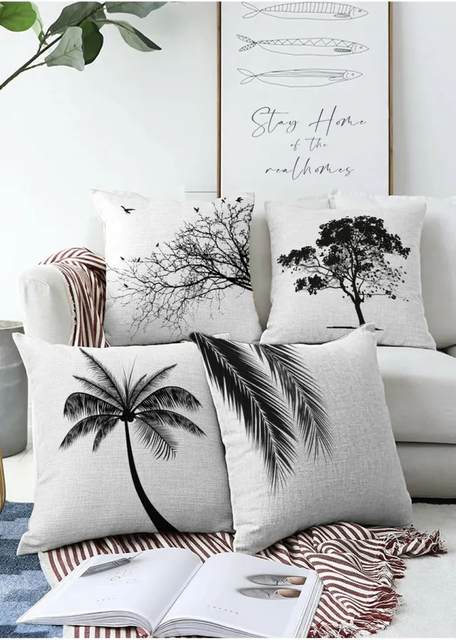 Zethome Bomen Kussenhoes Set - 4 stuk - 43x43cm - Dubbelzijdig Bedrukt – Soft Touch – Boomthema op een witte achtergrond