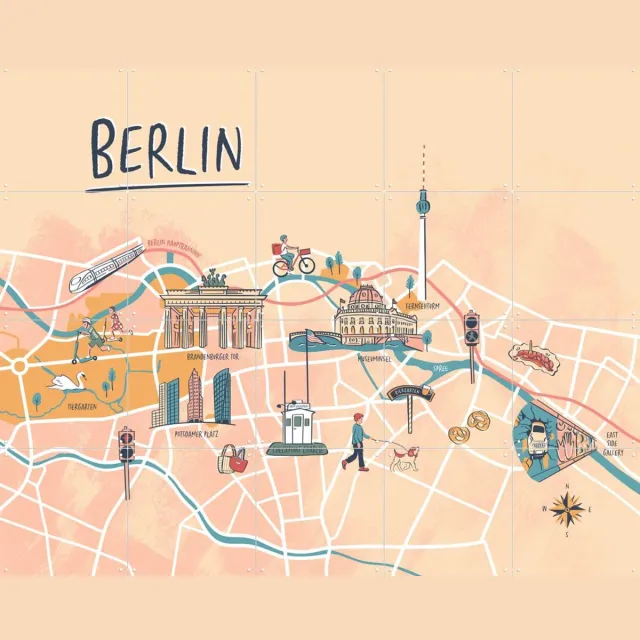 IXXI Berlin Illustration, Revista Ontwerp & Kunst in Kaart - 100 x 80 cm - Grote wanddecoratie en posters - Digitale Kunst, Illustraties, Speels Lichte tinten / Beige
