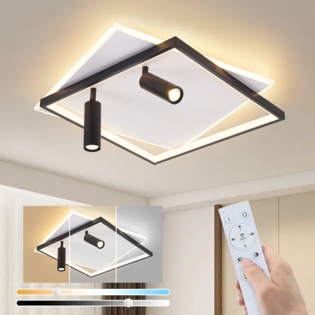 NETTLIFE Plafondlamp LED - vierkant - zwaer en wit - met 2-Lichts Plafondspot - Dimbaar - 62W - Moderne Plafondverliching - 52cm - voor Slaapkamer | Hal | Woonkamer | Keuken - Zonder Lichtborn - Max.25W