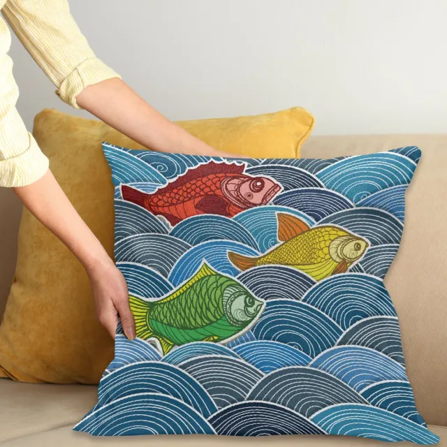 ABAKUHAUS Kleurrijk Sierkussenhoes, Group van Ornate Kleurrijk Fishes op de Golven Cartoon Stijl Storm Oceanlife Thema, Decoratieve Vierkante Sierkussenhoes, 45 x 45 cm, Rood Blauw
