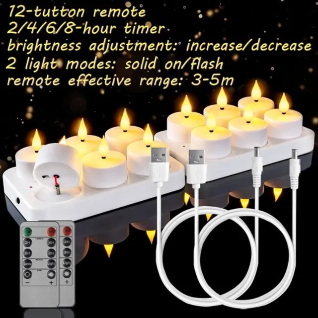 tutton 12 oplaadbare theelichtjes met laadstation en timer - led-theelichtjes - flikkerende kaarsen met afstandsbediening - timerfunctie - perfect voor thuis 12 candle lights + 2 6-slot charging base + 2 USB cable + 2 remote control