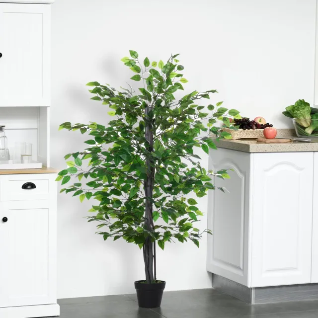 FloraGrace Kunstboom Realistische kunstplant - 145 cm - Kunststof en katoenachtig glansmateriaal - Groen - Voor binnen en buiten - Met zwarte pot en 756 bladeren