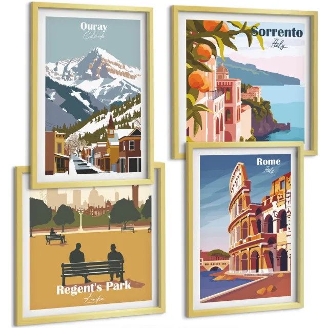 TULUP 4-Delige Schilderij Set - Retro-illustraties van beroemde regio's over de hele wereld - 40 x 40 cm en 40 x 60 cm - Moderne Wanddecoratie - Slaapkamer Gouden lijst