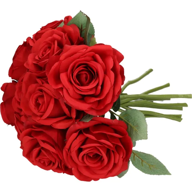 Top Art Kunstbloem Roos de luxe - 10x - rood - 30 cm - kunststof steel - decoratie bloemen