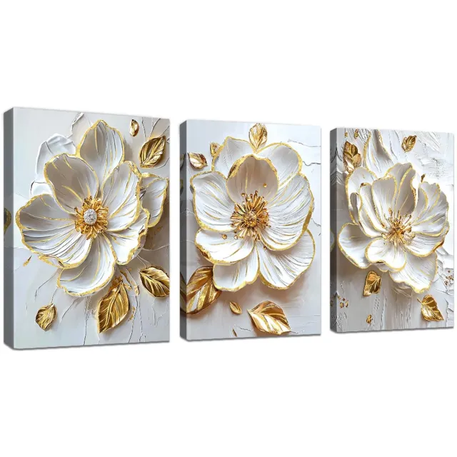 Ibenzoa Drie Delige Canvas Kunst met Witte en Gouden Pioenrozen voor Stijlvolle Interieurdecoratie