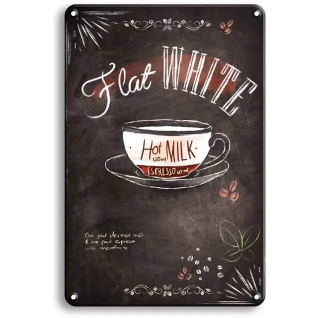 Vulders Trading Flat White Metalen Wandbord 30x20cm – Koffie Reclamebord – Vintage Retro Wanddecoratie – Keuken Koffiehoek Café Multi
