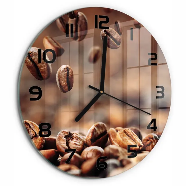 TULUP Wandklok - Koffiebonen Wandklok Glas Met Motief - fi30 cm - Bruin Decoratieve Glazen Klok - Zwarte handen - Ronde Klok - Gekleurde Glazen Klok - Glazen Klok Met Print