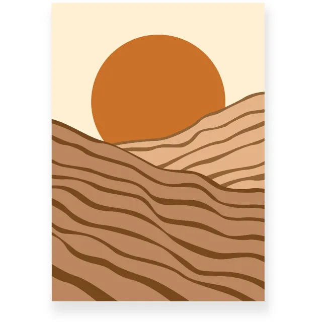 Yisual Poster 20x30 cm - Zonsondergang - Gelaagde Heuvels - Bruin - Beige - Minimalistisch - Landschap - Muurdecoratie - Wanddecoratie