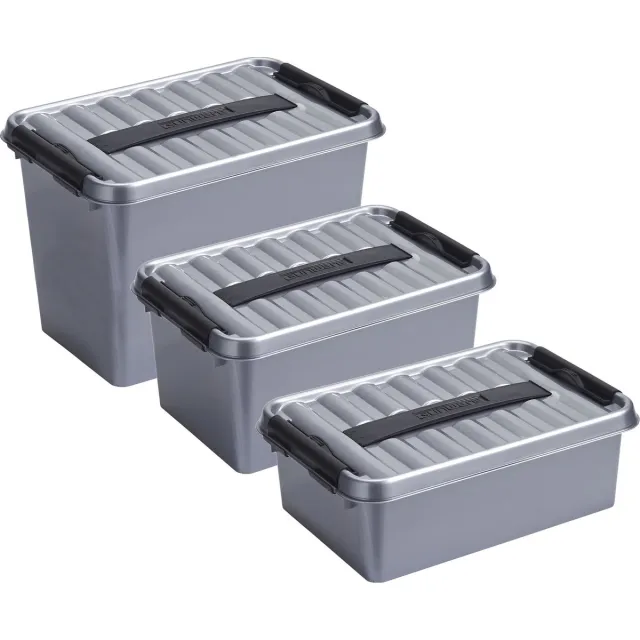 Sunware Opberg boxen - set 3x stuks - 9-6-4 liter - kunststof - grijs - met deksel - opslag manden - kisten