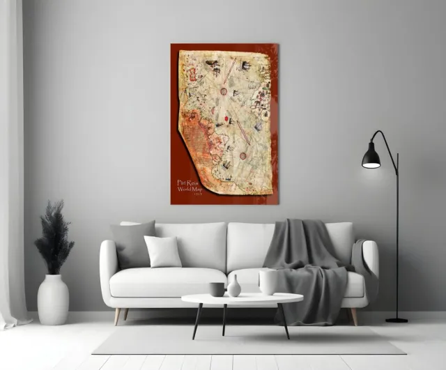 Insigne Art Glasschilderij – Piri Reis Wereldkaart uit 1513 – Historische en Klassieke Wanddecoratie - 90x60 cm Bruin