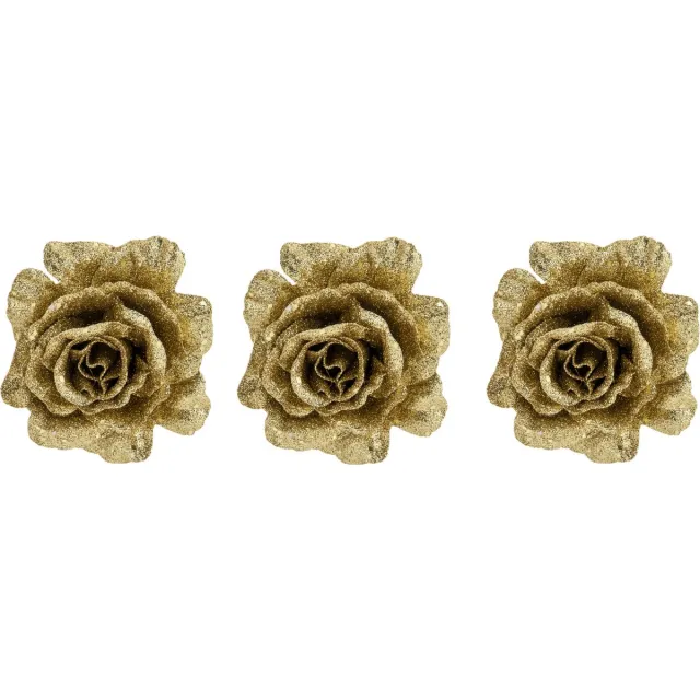 Cosy & Trendy Roos goud glitter op clip - 3x stuks - 10 cm - decoratie bloem - kerstversiering Goudkleurig