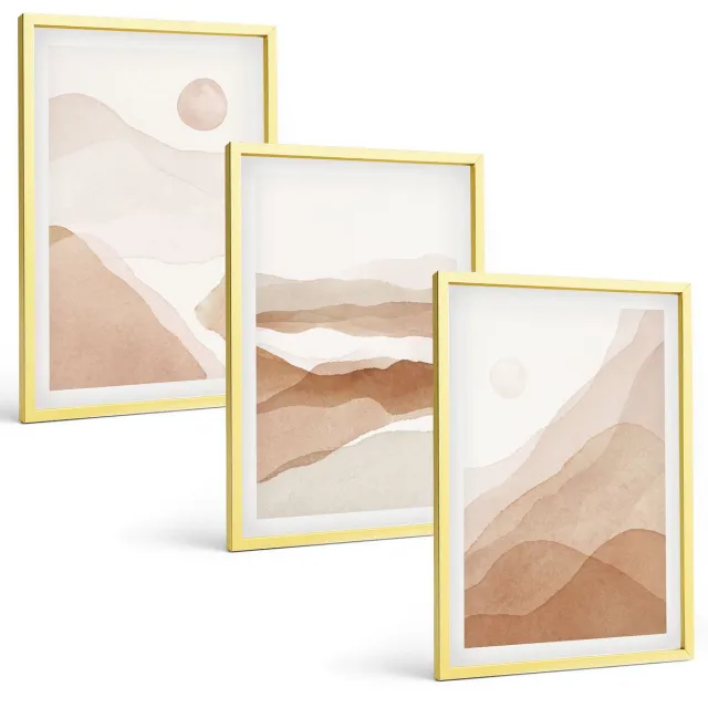Coloray 3-Delige Schilderij Set - Abstracte Landschappen In Bruine En Beige Tinten. - 40 x 40 cm En 40 x 60 cm - Wanddecoratie - Schilderijen Set - Kantoor Gouden lijst