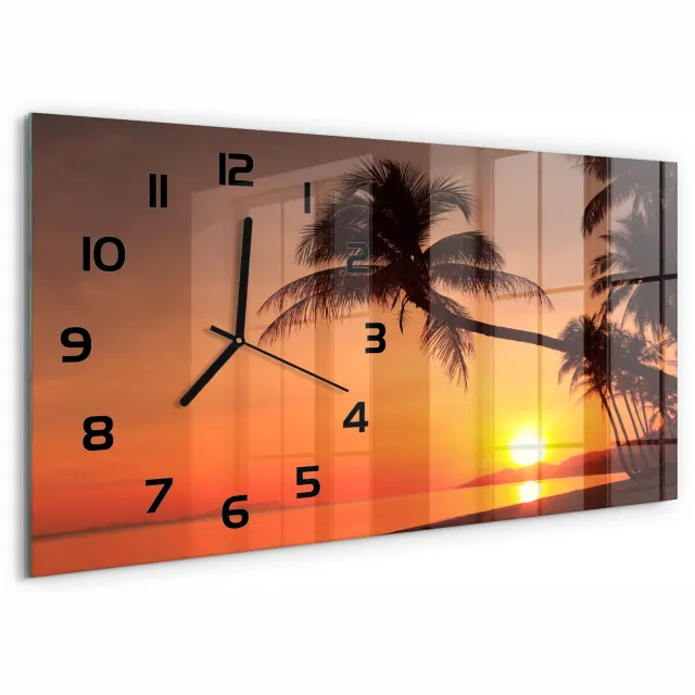 TULUP Wandklok - Zonsondergangstrand Gekleurde Glazen Klok - 60x30 cm - Oranje Glazen Klok Met Print - Zwarte handen - Rechthoekige Klok - Moderne Wandklok Glas - Wandklok Glas Decoratie