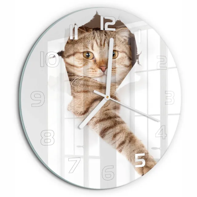 TULUP Wandklok - Kat Wandklok Glas Met Motief - fi30 cm - Beige Decoratieve Glazen Klok - Witte handen - Ronde Klok - Gekleurde Glazen Klok - Glazen Klok Met Print