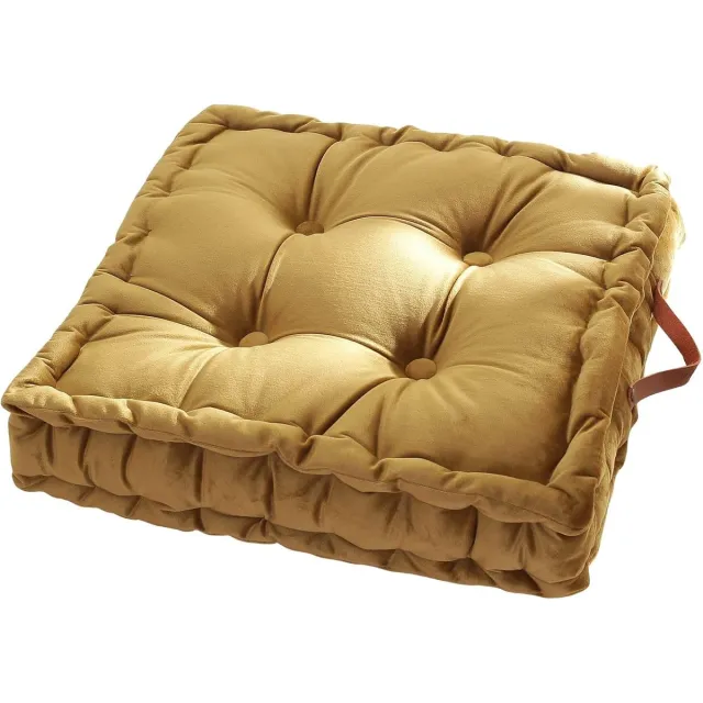 OEMG Vierkant, effen fluwelen zitkussen met handvat, getuft, verdikt, geschikt voor stoelen, tatami of als vloerkussen (42 x 42 x 10 cm), mosterdgeel.
