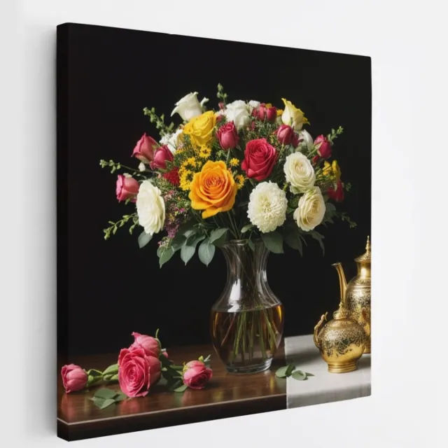 Saammp Canvas Schilderij - Klassiek Bloemen Boeket met Goud - Natuur - Abstract - 60x60 - Foto op canvas - Wanddecoratie - Muurdecoratie Woonkamer - Kantoor Decoratie Multicolor
