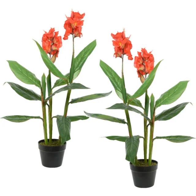 Bellatio Flowers & Plants Set van 2x stuks Canna Bloemriet kunstplanten in pot 89 cm - Kunstplanten/nepplanten - Kantoorplanten/woonkamer planten Oranje