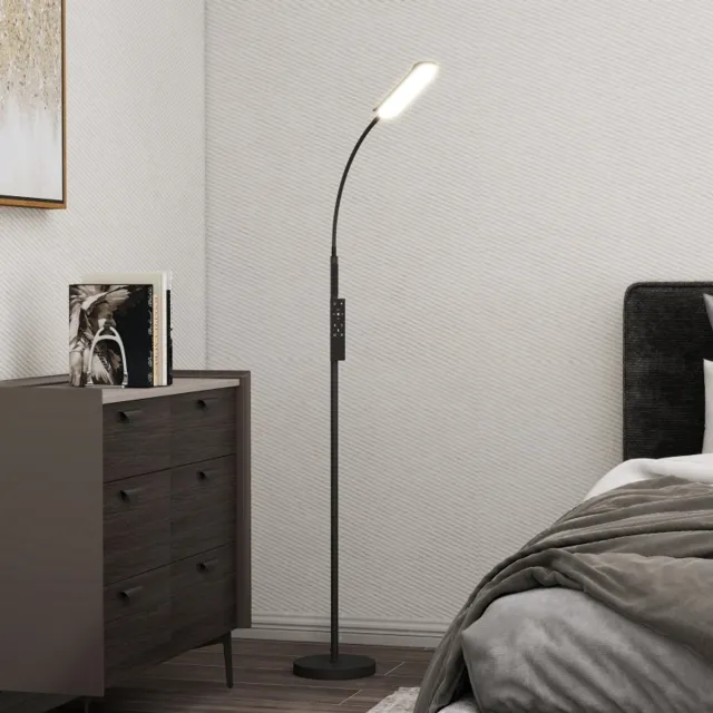 OKWISH Staande Lamp Dimbaar – 175 Cm – Staal – Zwart – Met Afstandsbediening En Touchbediening – 360 Graden Verstelbare Zwanenhals